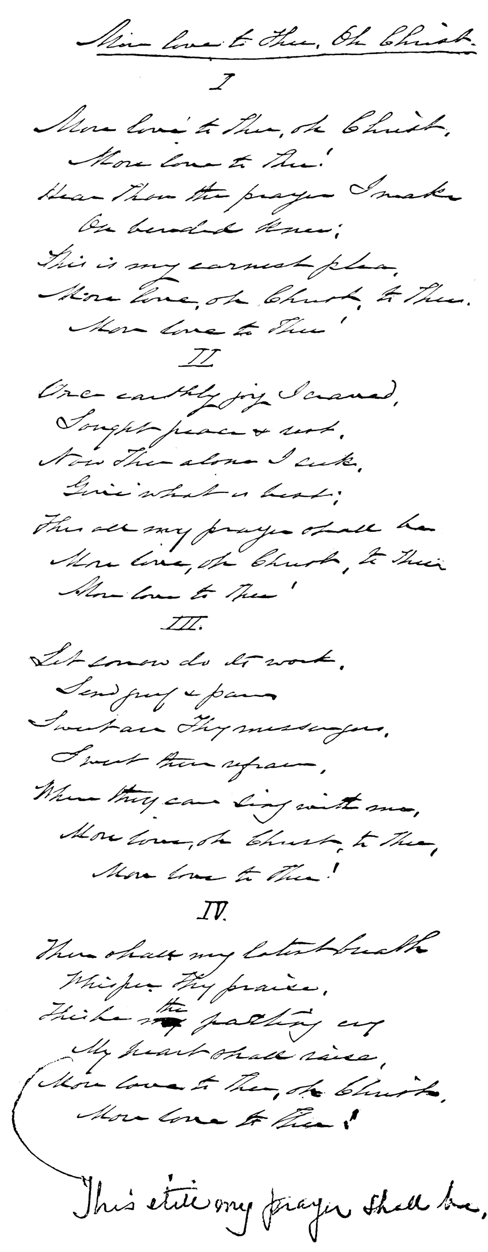 Original handwritten manuscript of the hymn More Love to Thee O Christ by Elizabeth Prentiss, showing all four stanzas in 19th-century cursive with handwritten corrections
